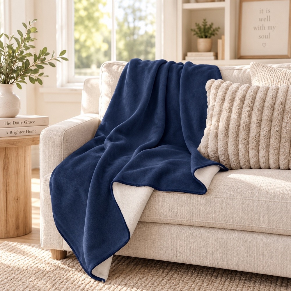 Room Essentials Navy Chenille Throw Blanket Faux Shearling Reverse 50x60 NEW